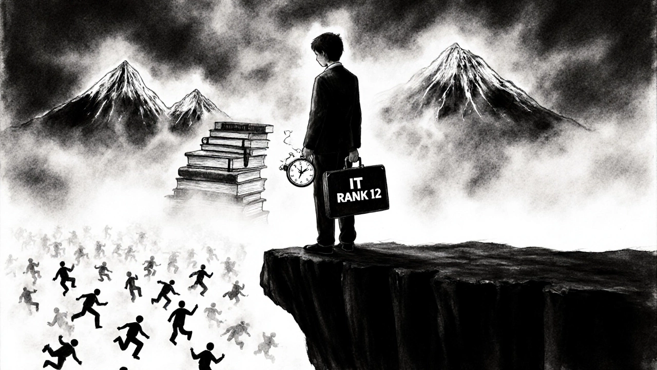 Student at cliff&#039;s edge holding briefcase and broken watch, surrounded by falling figures representing dropouts.