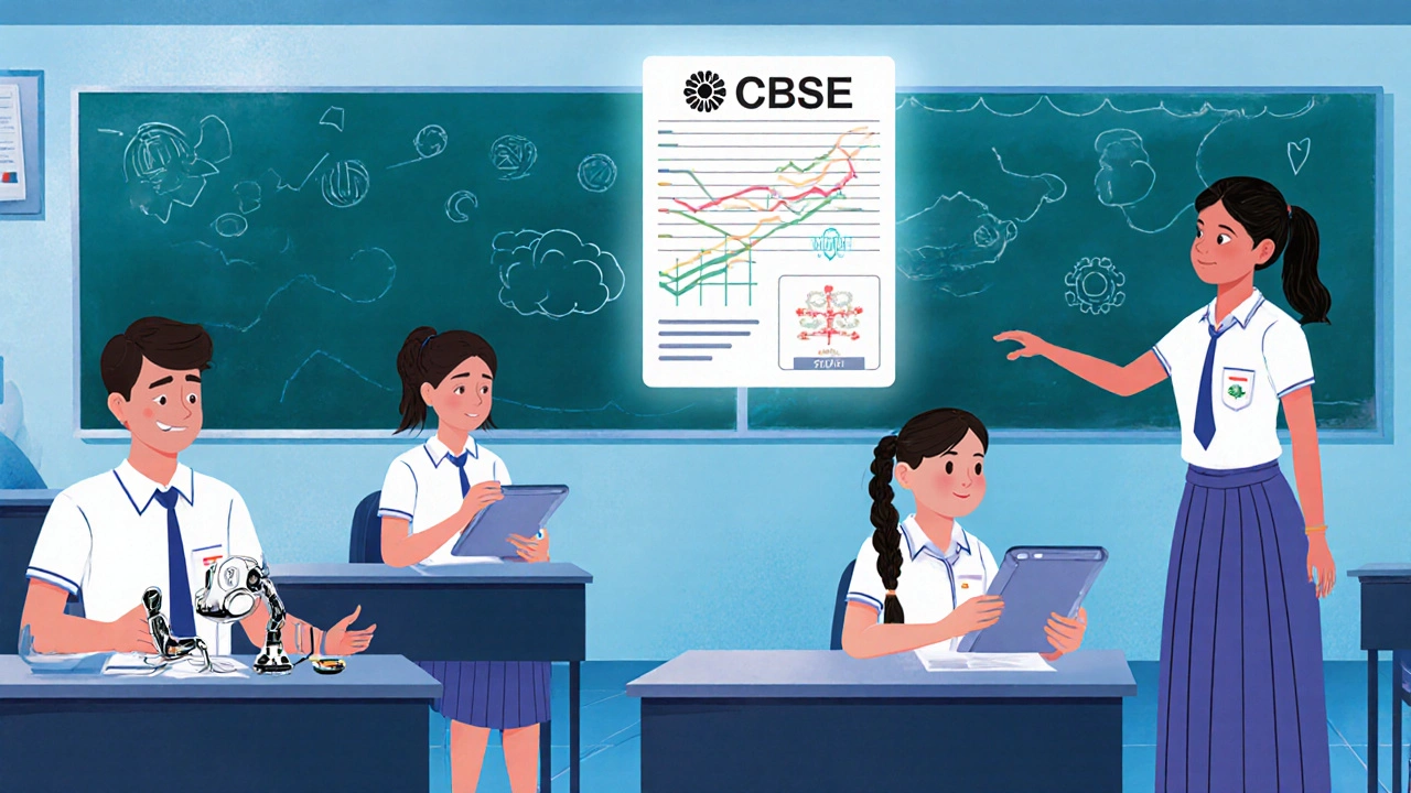 Students in a modern CBSE classroom learning AI, financial literacy, and yoga with digital competency displays.