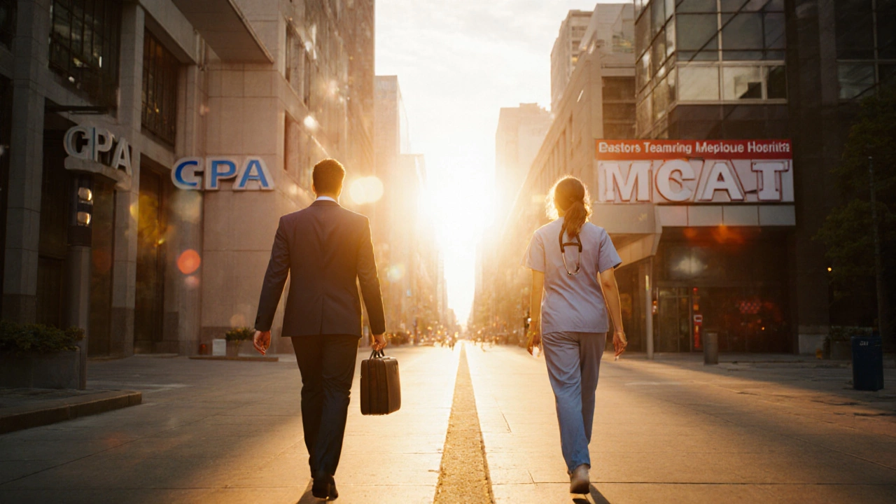 Two paths symbolizing CPA and MCAT careers, one leading to an accountant, the other to a doctor at sunrise.