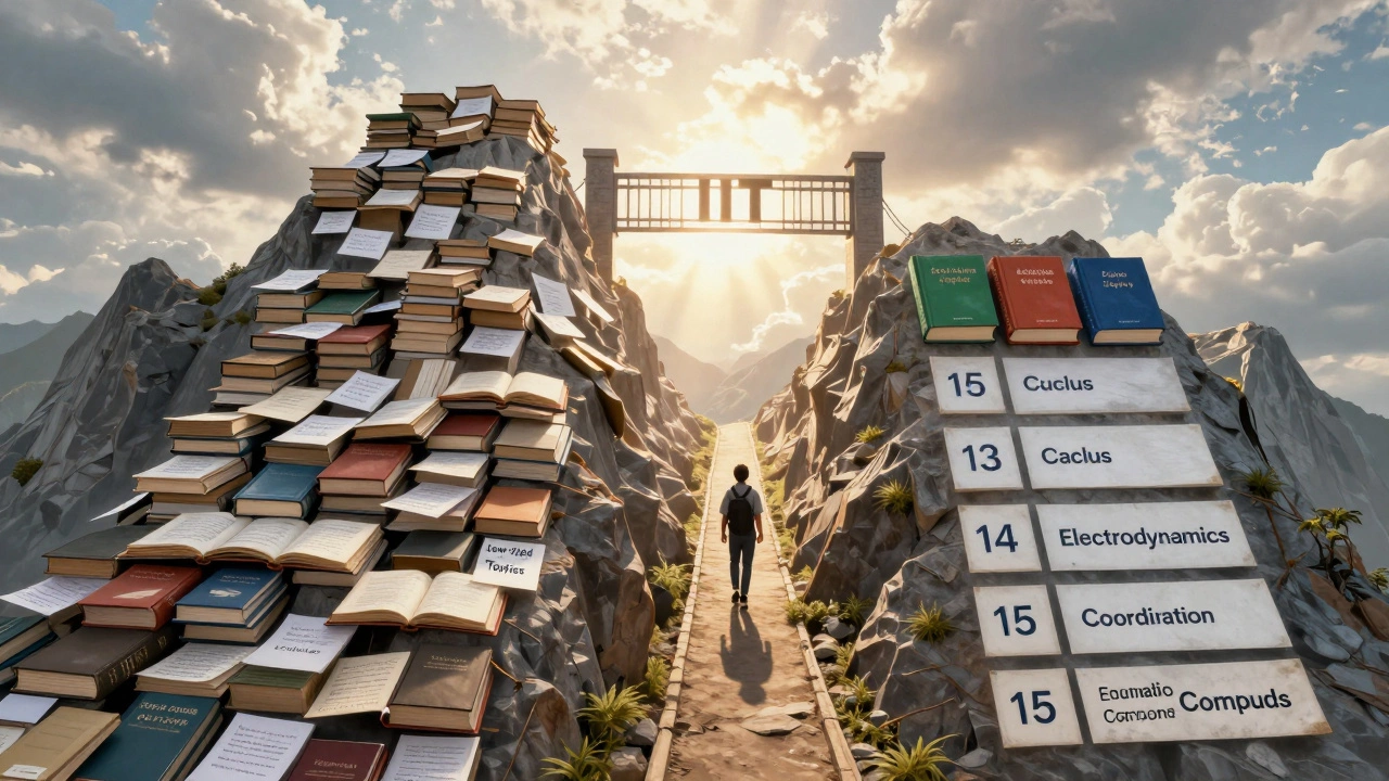 A path through a syllabus mountain leads to an IIT gate, with only key topics visible.