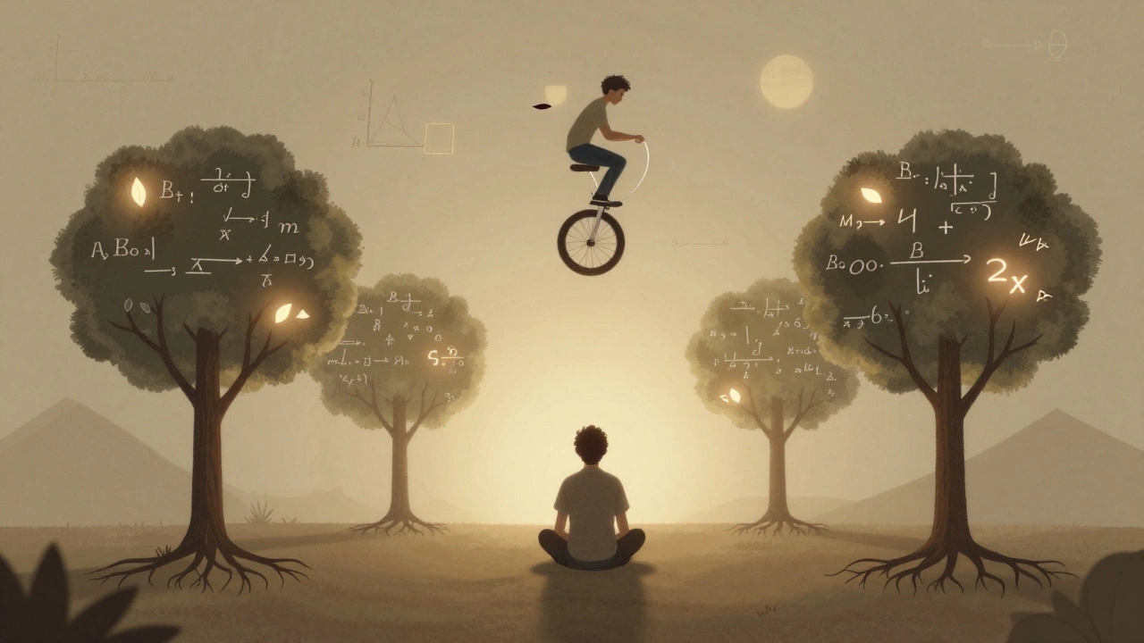 A student surrounded by floating Haskell functions and a hovering unicycle balancing a math equation.