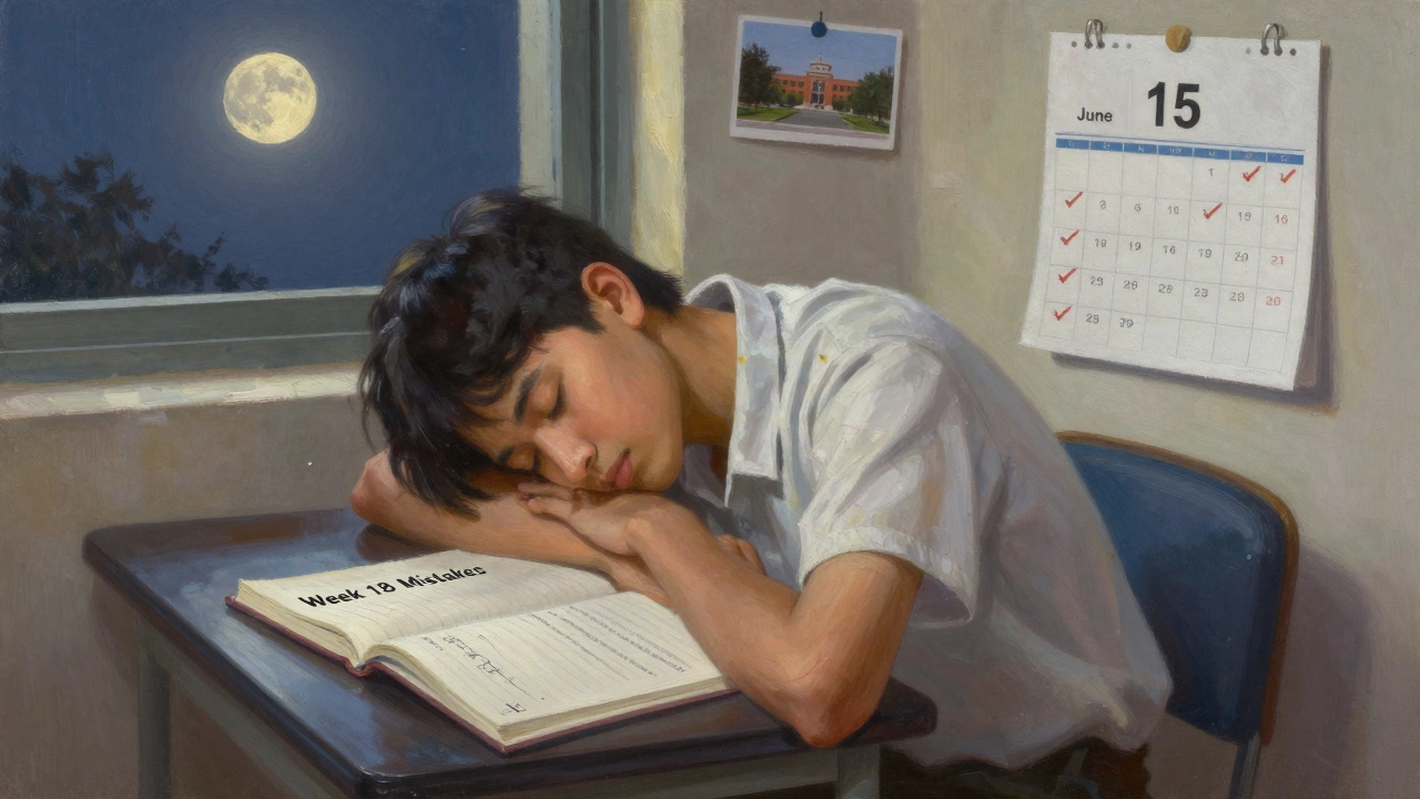 A tired student rests after late-night study, with a notebook of mistakes and IIT Delhi photo nearby.