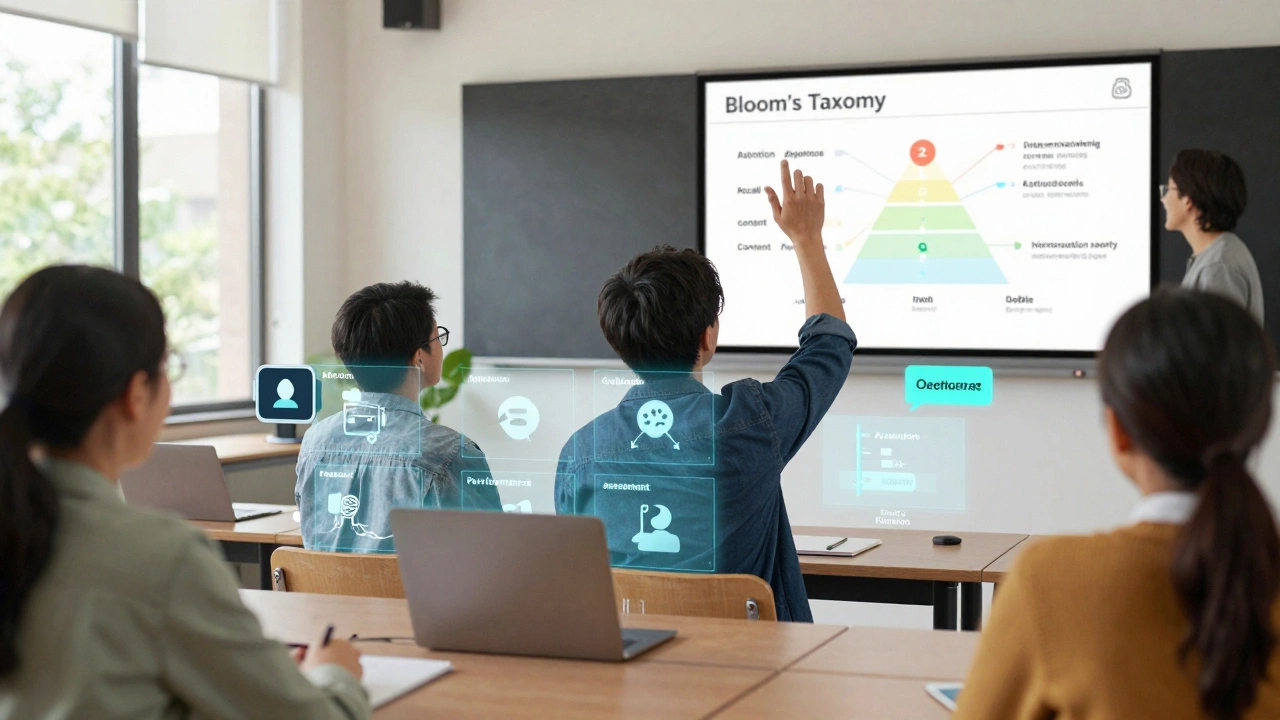 Adult learners interacting with holographic eLearning elements showing Gagne’s nine events and Bloom’s Taxonomy levels in a bright classroom.