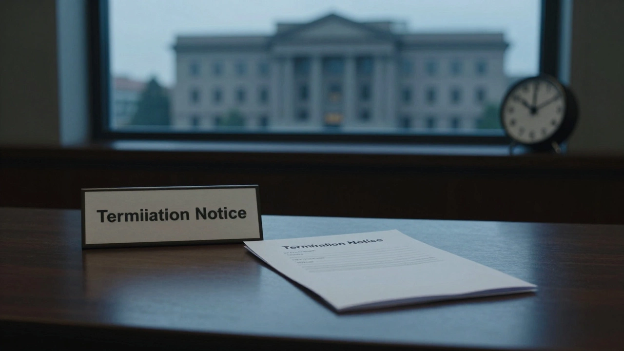 An empty government desk with a termination letter and a clock showing late afternoon.
