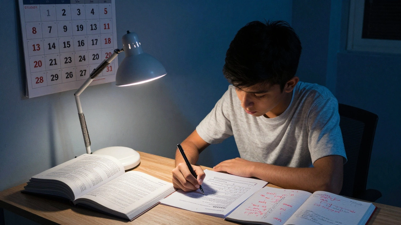 Class 11 student reviewing NEET paper with corrected notes under lamplight.