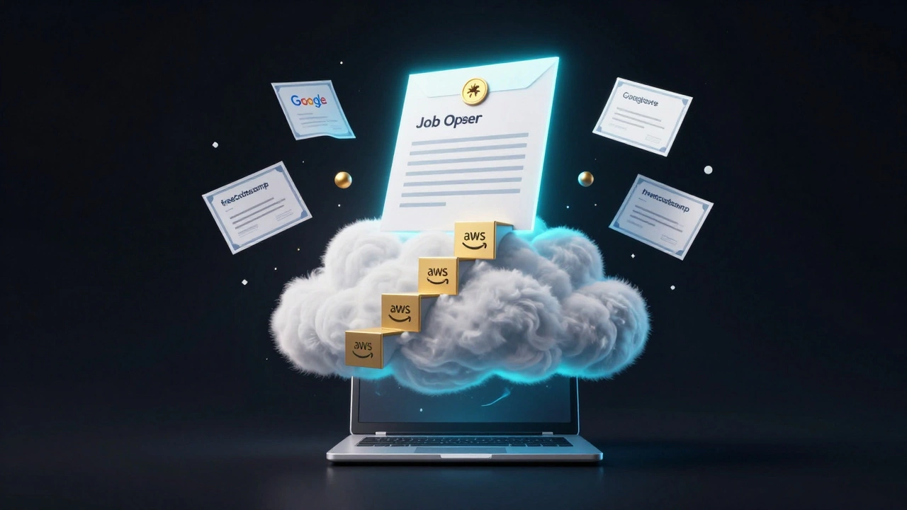 Cloud infrastructure rising from a laptop toward a job offer, symbolizing career growth through certifications.