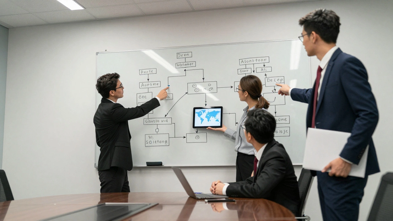Consulting team presenting strategy diagrams in a conference room with global maps.