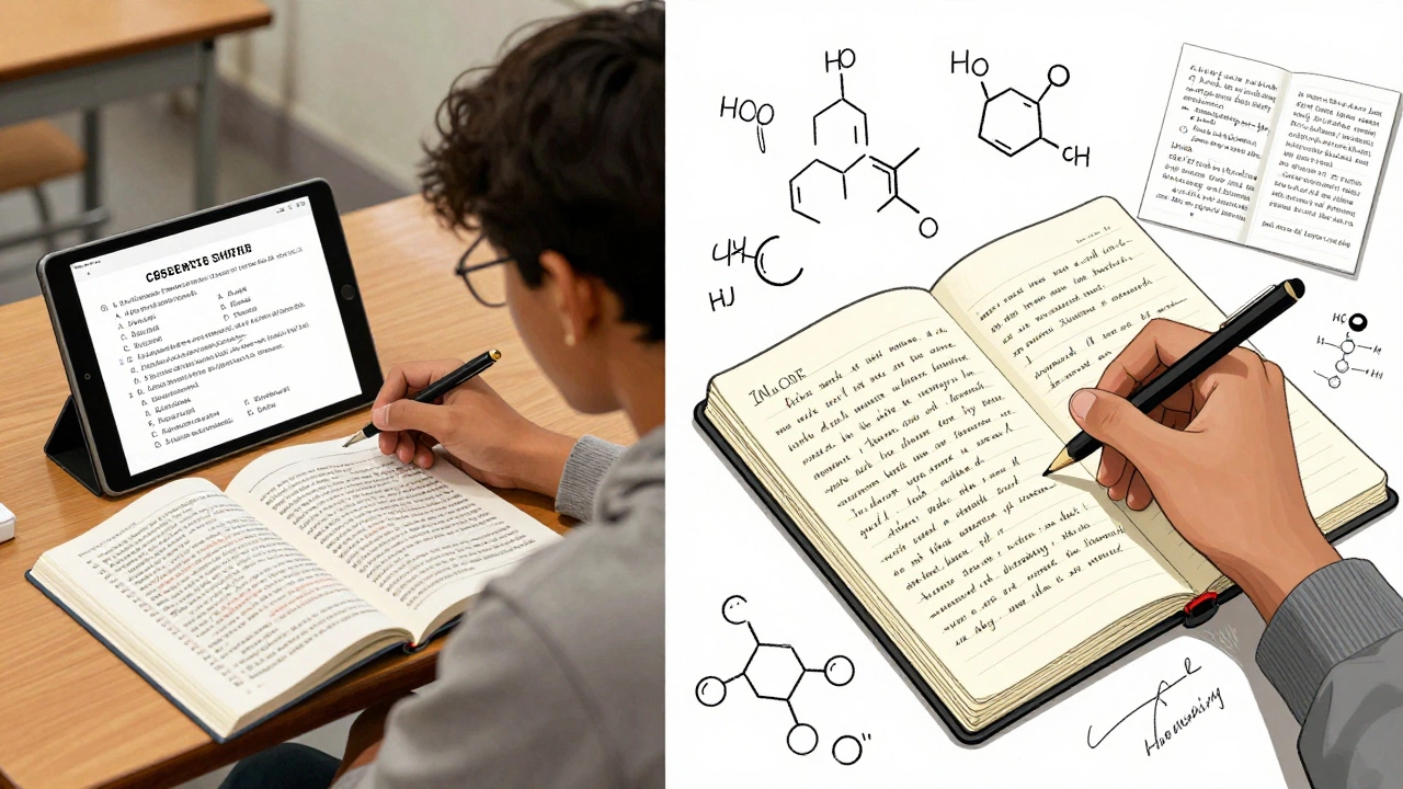 Contrasting classroom scenes: CBSE multiple-choice questions vs. ISC analytical writing with science diagrams.