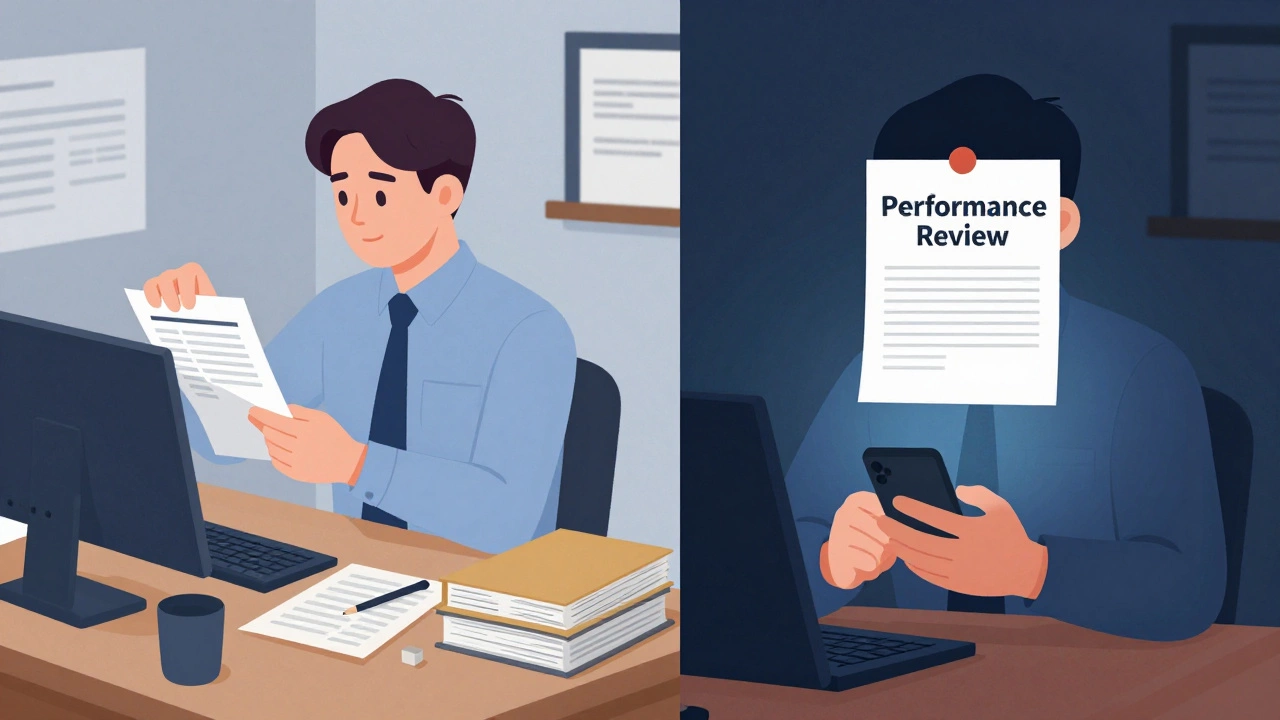 Contrasting images of an employee organizing work versus ignoring a performance review.