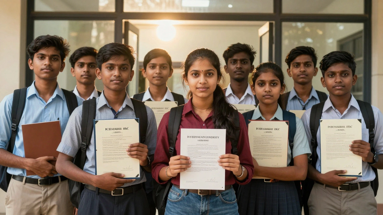 Indian students holding ICSE/ISC certificates and essays outside an international university building.