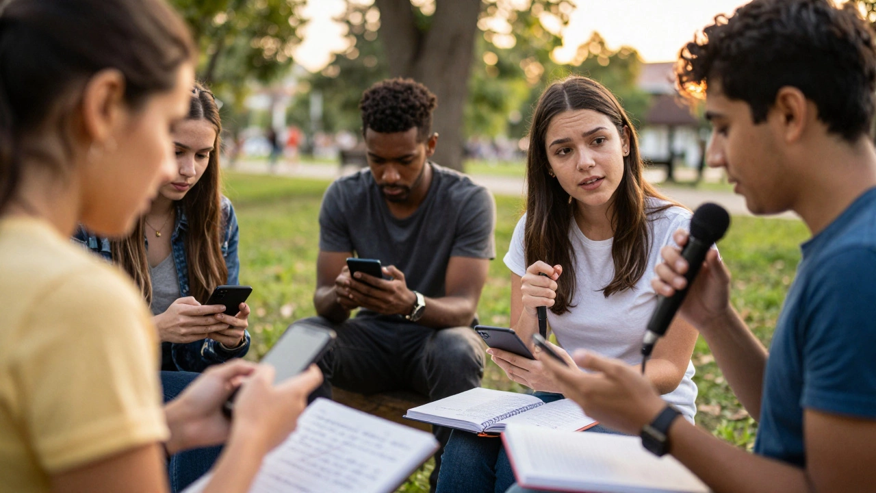 People practicing English conversation in a park using language exchange apps.