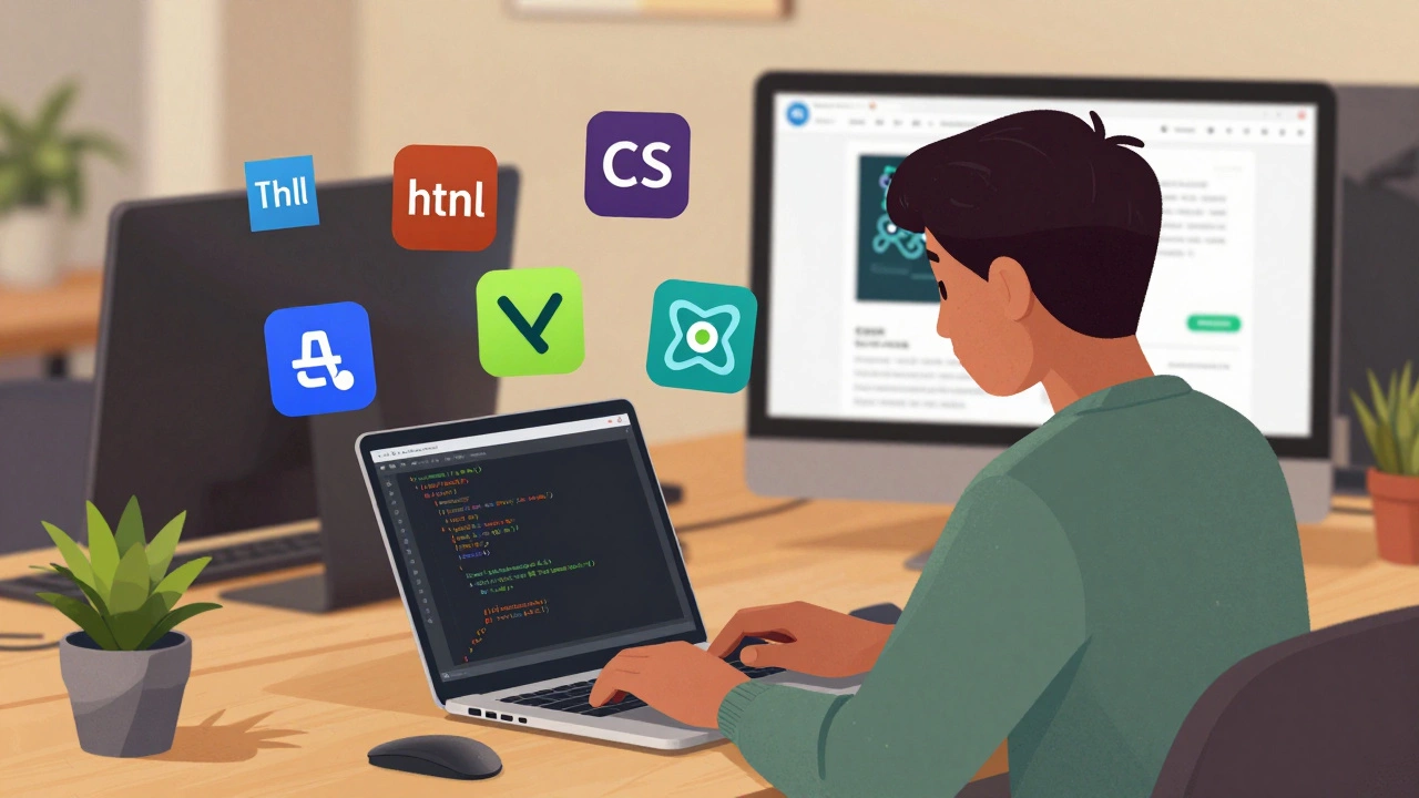 Person coding at a co-working space with floating tech icons and a live website on screen.