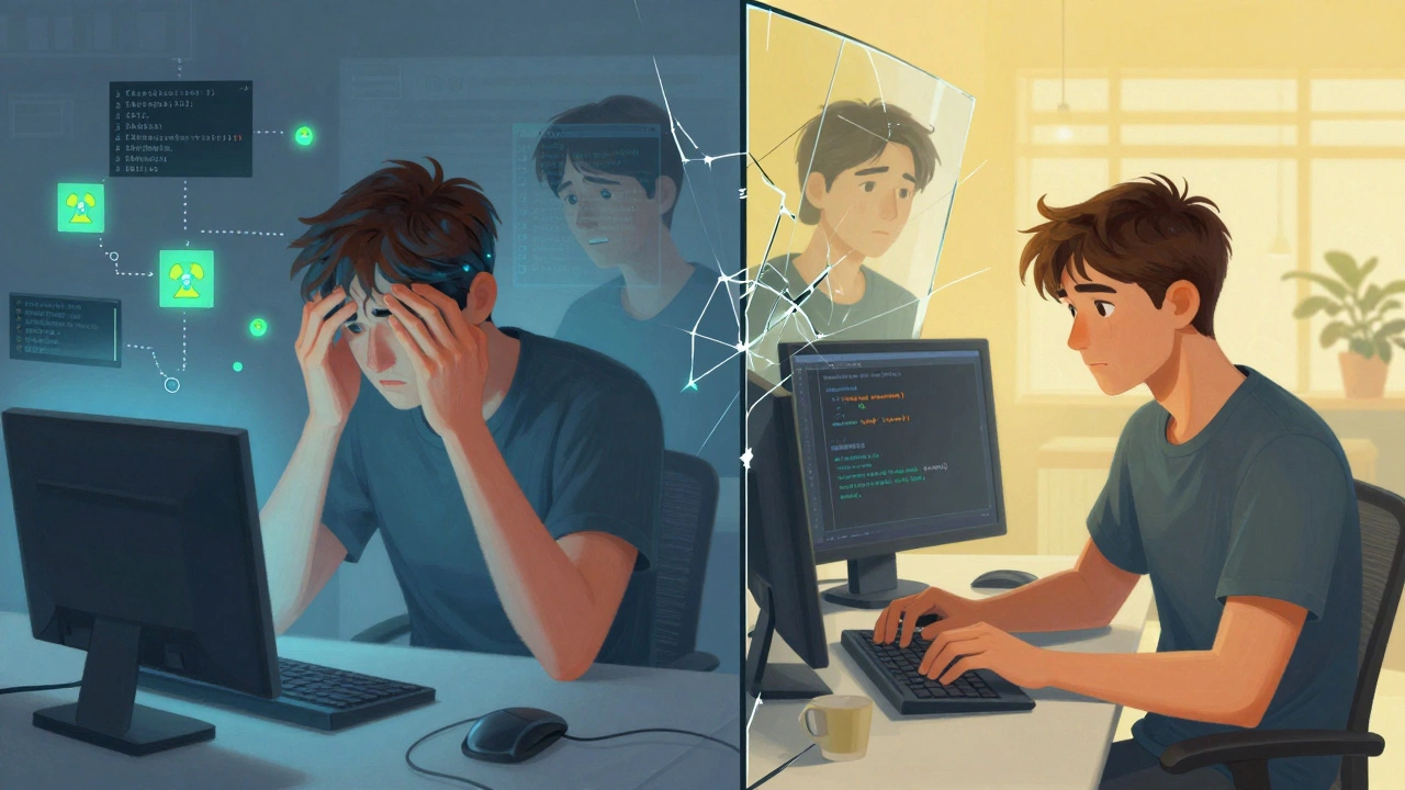 Split-screen showing a developer struggling with C++ pointers on one side and coding Python calmly on the other.