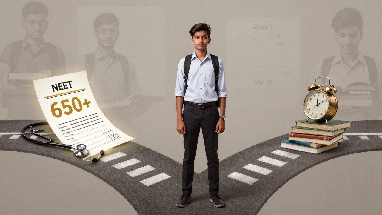 Student at crossroads choosing between NEET success and wasted time.