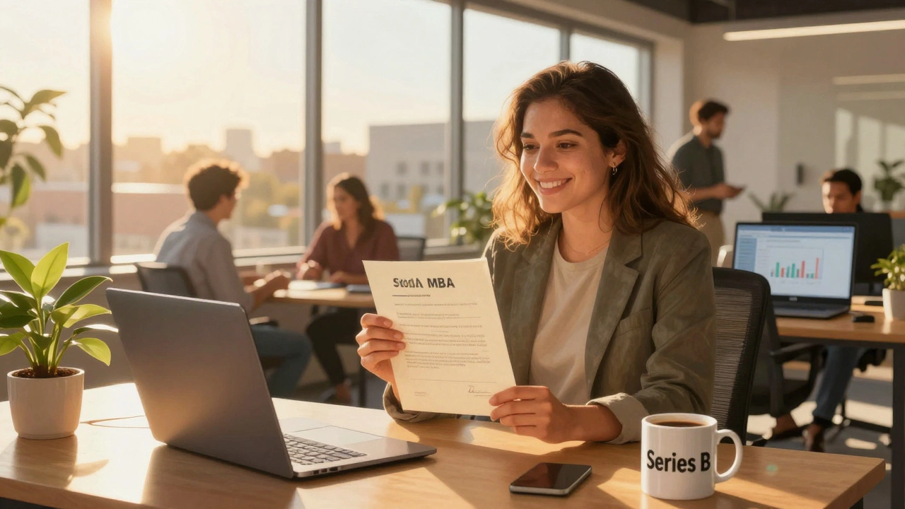 Tech MBA holding stock options in a sunlit Austin startup office with collaborative team.