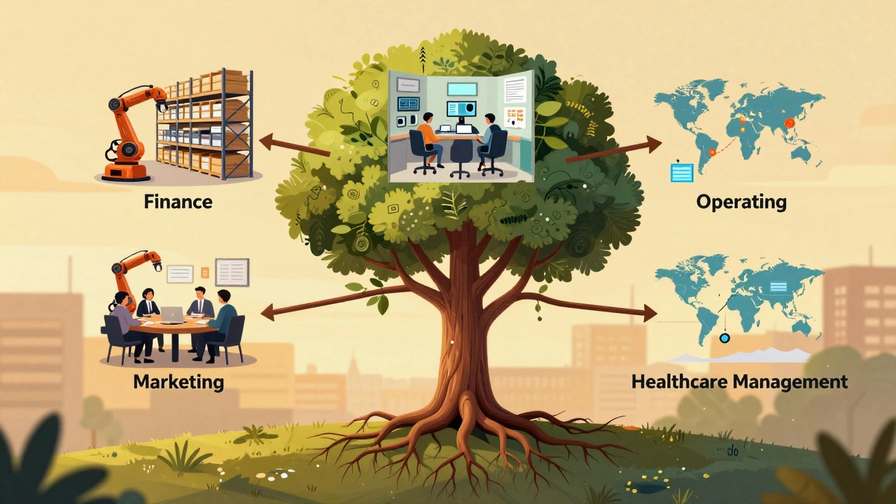 A branching tree with MBA specializations leading to different professional environments.