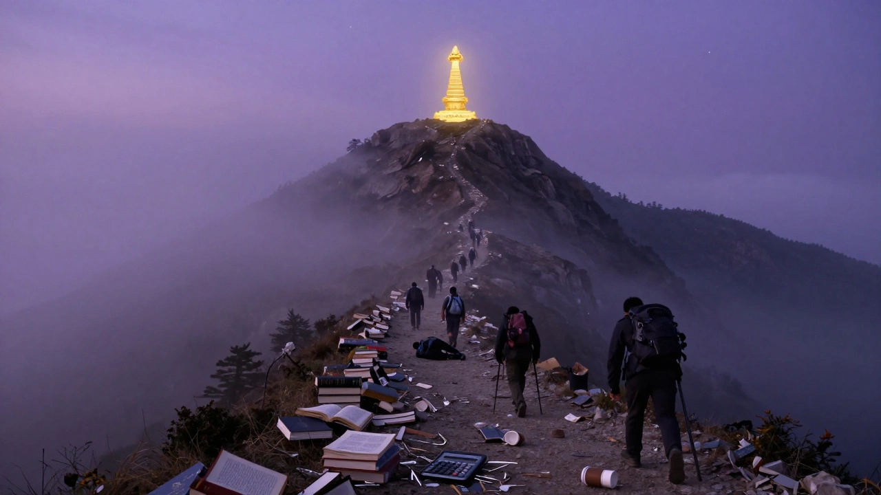 A mountain path symbolizing certification challenges with climbers struggling toward a distant goal.