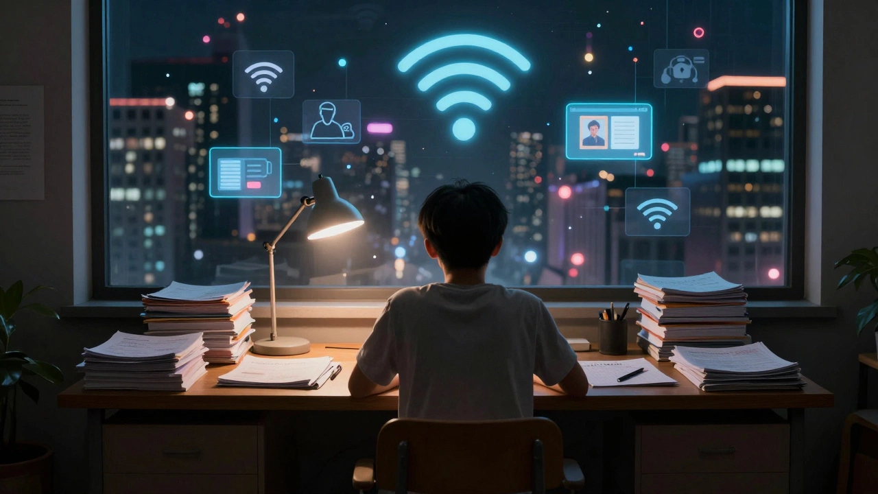 A person surrounded by printed books while digital learning glows outside the window.