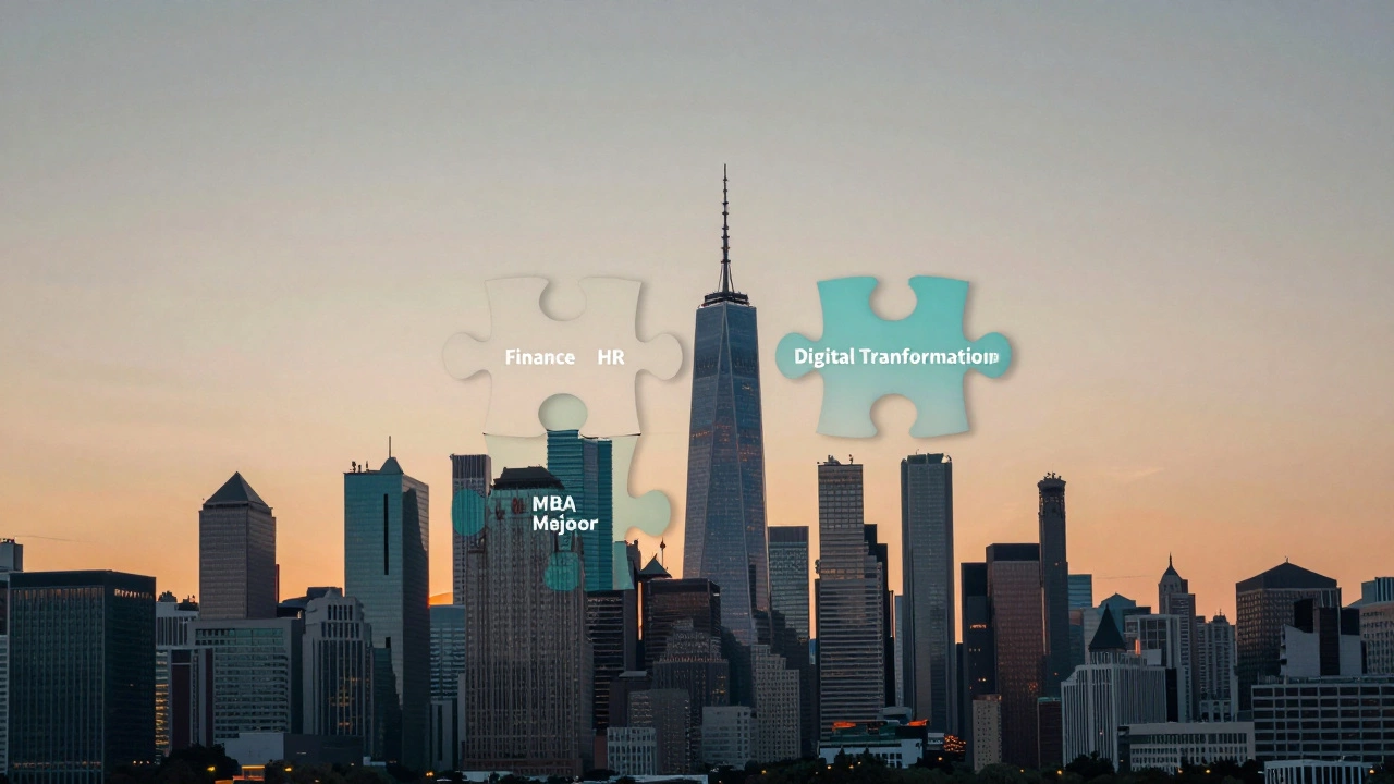 A puzzle of MBA majors assembling into a city skyline at dawn.