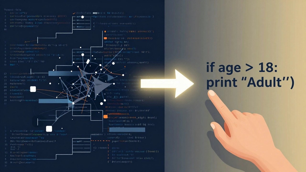 A split-screen showing confusing code on the left and clean Python on the right, symbolizing beginner-friendly programming.