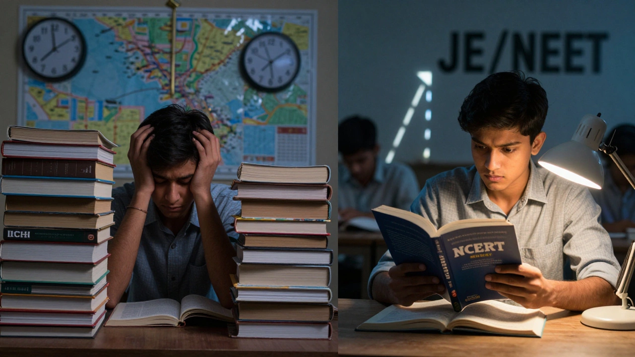 Contrast between overwhelming ICSE study materials and simple NCERT preparation for competitive exams.