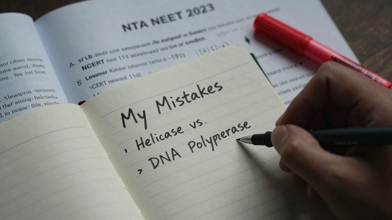 Handwriting corrections in a mistake journal beside a past NEET paper with NCERT reference.