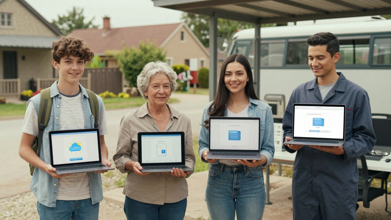 People of different ages and backgrounds use Python to build simple apps in everyday settings, showing accessibility of coding.