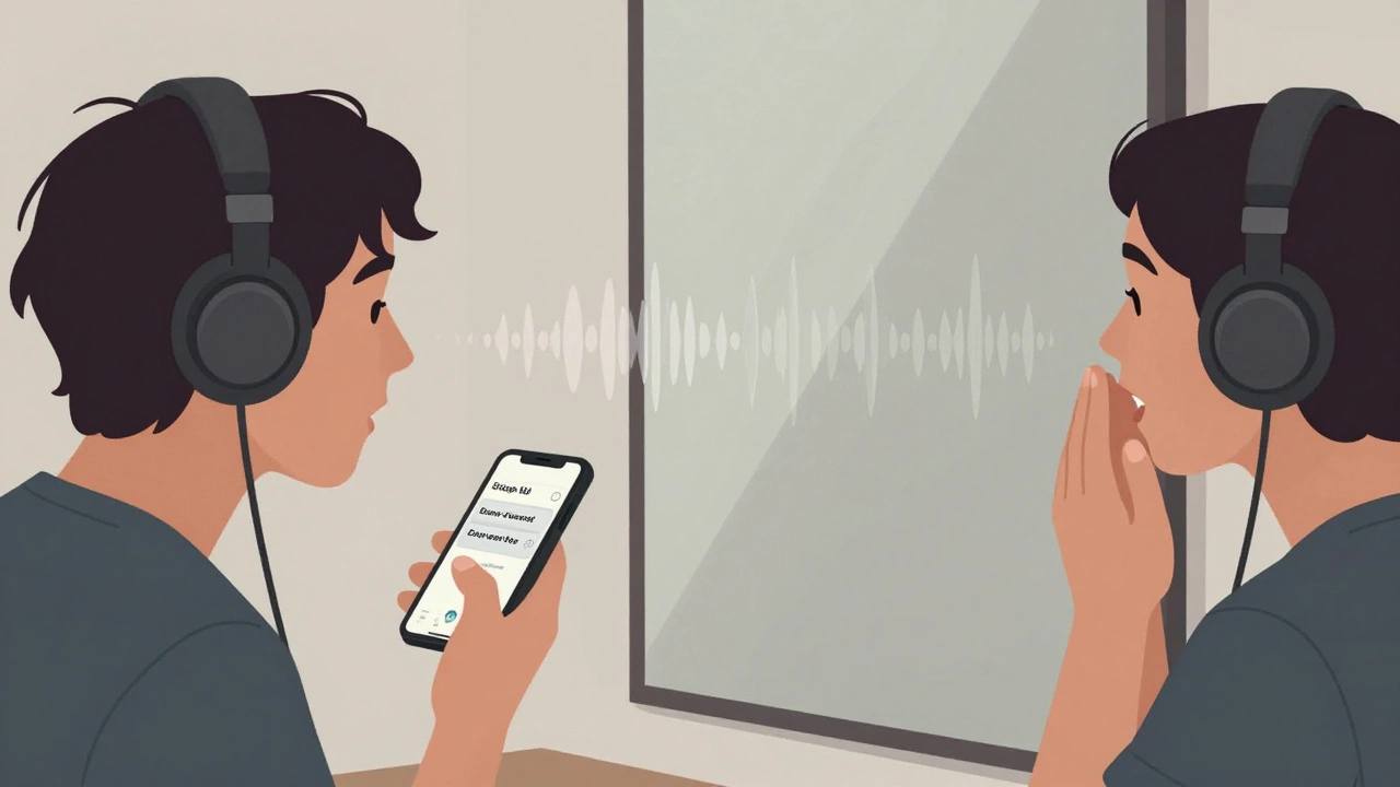 Person listening to English audio and repeating phrases in front of a mirror.