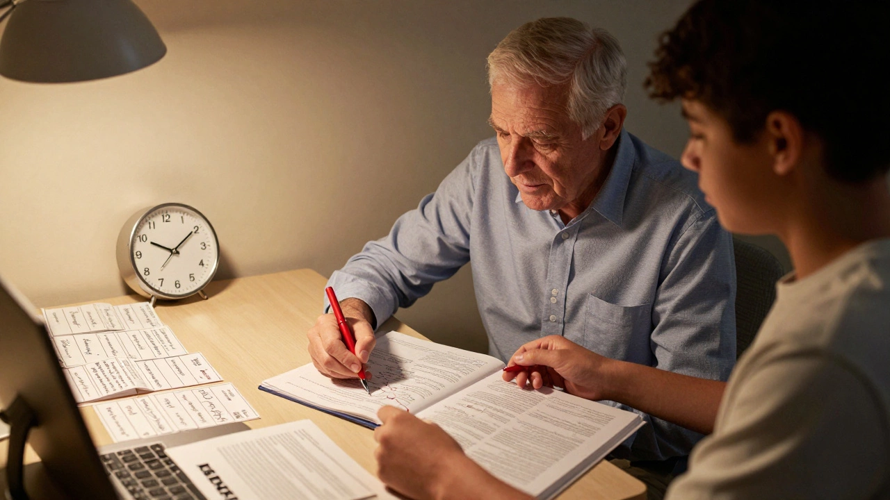 Retired professor and student reviewing biochemical reactions with handwritten flashcards under lamplight.
