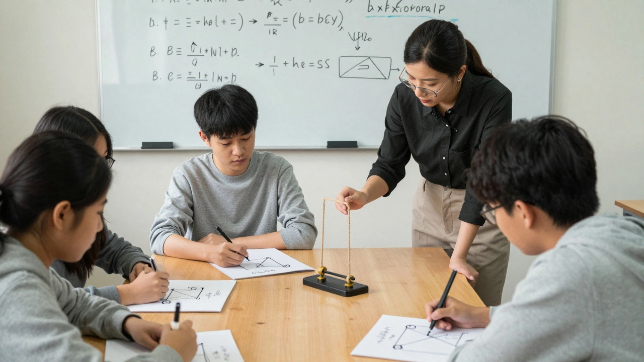 Small group of students learning physics with a teacher demonstrating pulley systems using ropes and weights.