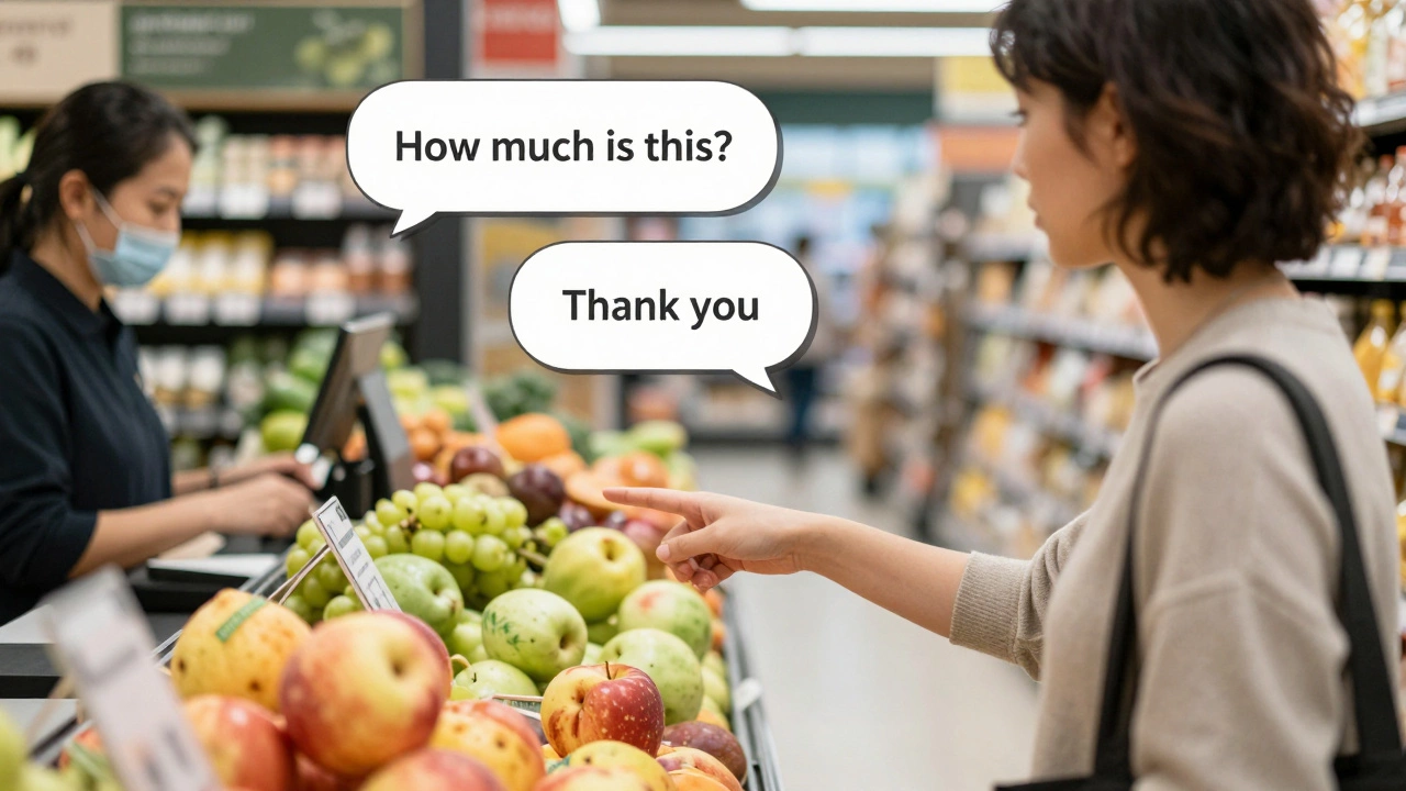 Someone asking for prices at a grocery store using simple English phrases.