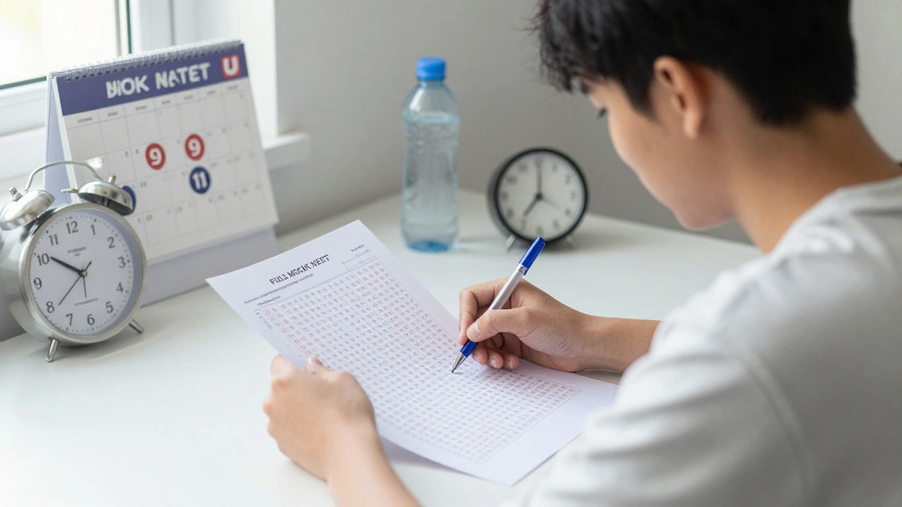 Student taking a Sunday mock NEET test with OMR sheet under morning light, no distractions.