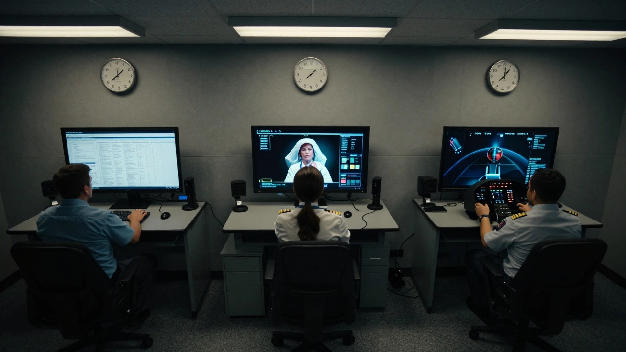 Three exam scenarios side by side: financial analysis, medical simulation, and flight training.