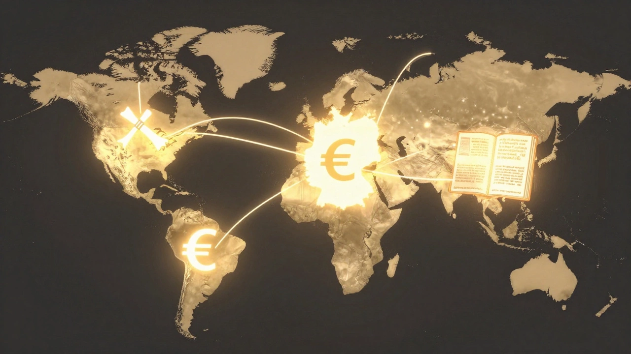 A glowing map showing connections from the U.S. to European countries with education symbols.