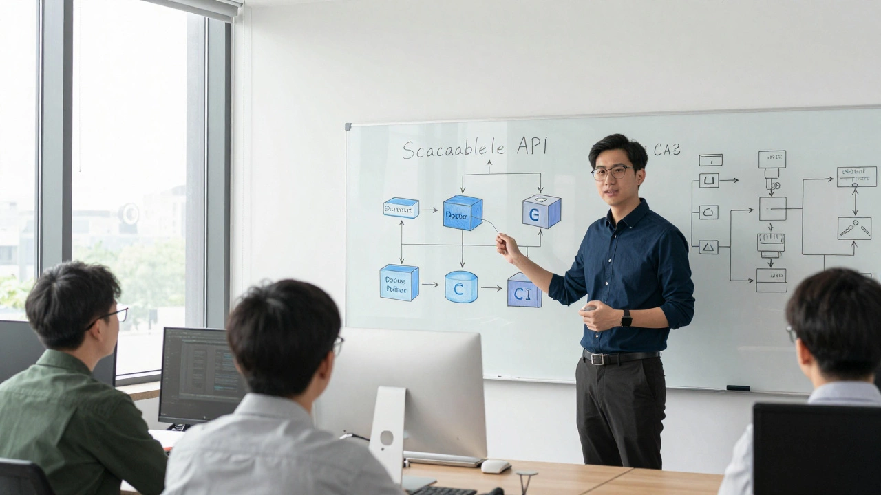 A mid-level Python developer explaining a scalable API system to colleagues in a modern office.