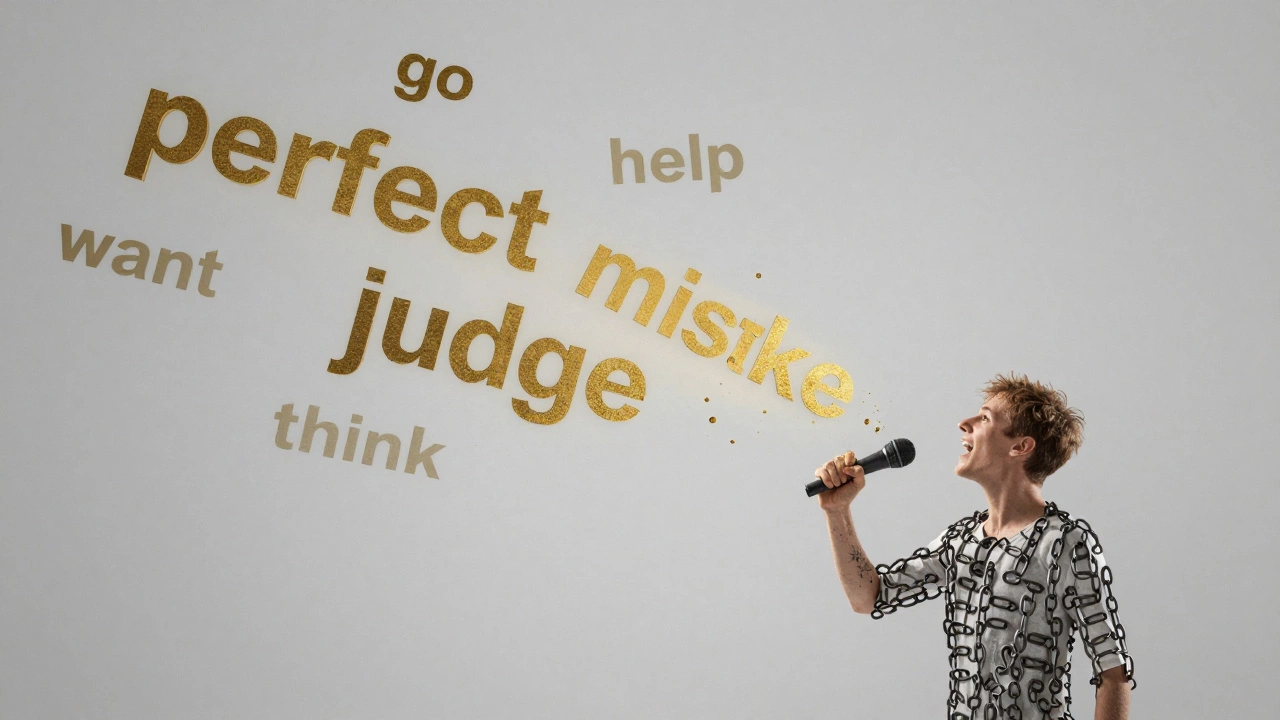 A person breaking free from chains labeled with fear-based words, surrounded by simple English vocabulary.