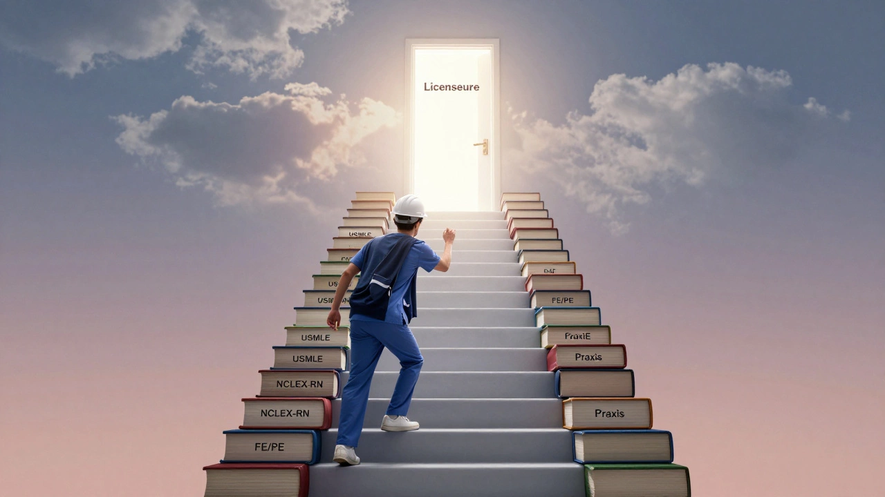 A staircase of professional exams leading to a glowing licensure door, symbolizing career advancement.
