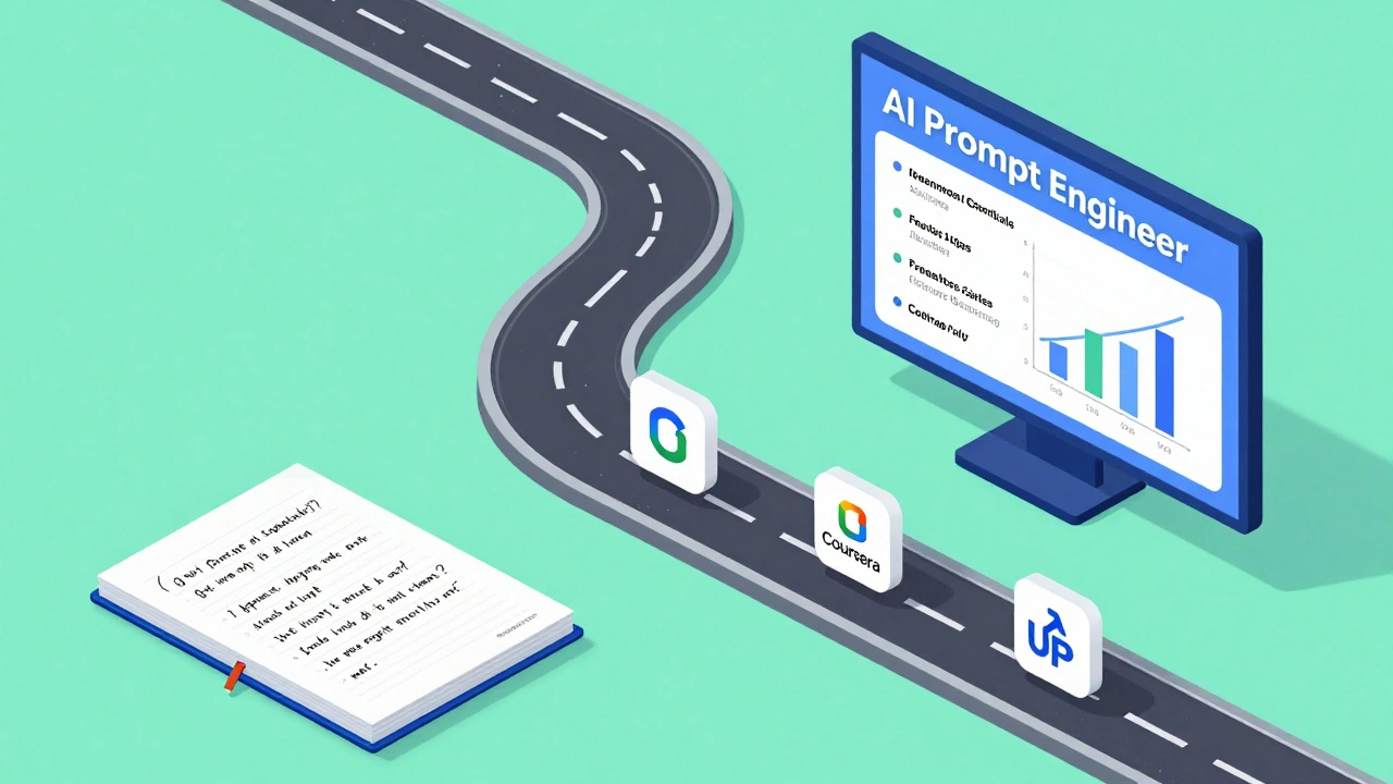 A symbolic road leading from handwritten questions to a digital AI prompt engineer career dashboard.