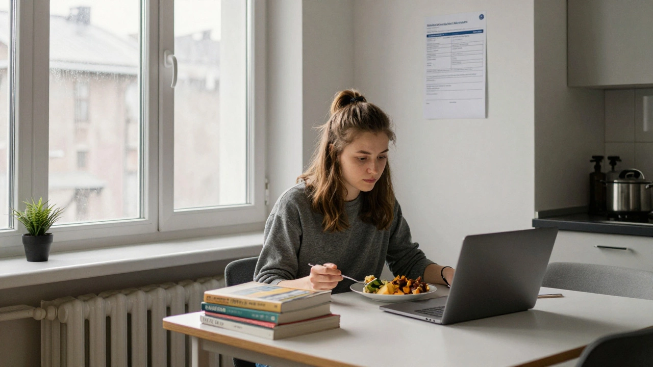 A young American woman studying in a small Oslo apartment with textbooks and a bank statement on the wall.