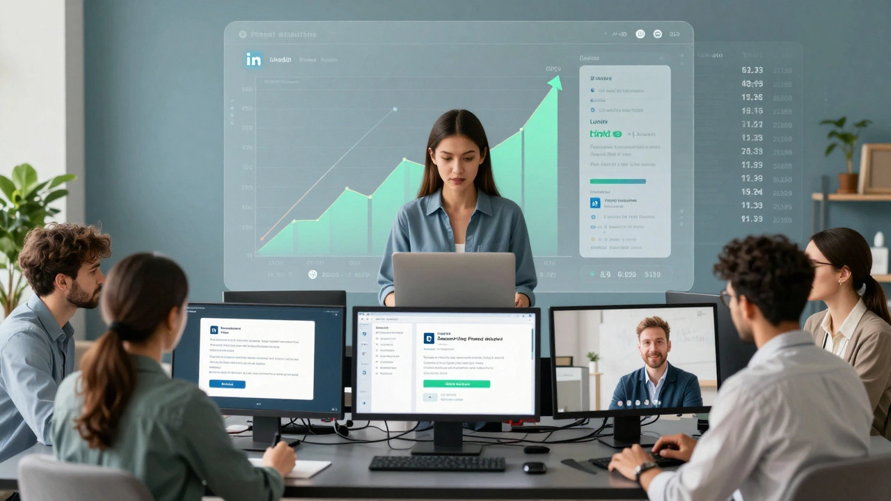 Diverse professionals collaborating virtually, showing AI prompt improvements on their screens.