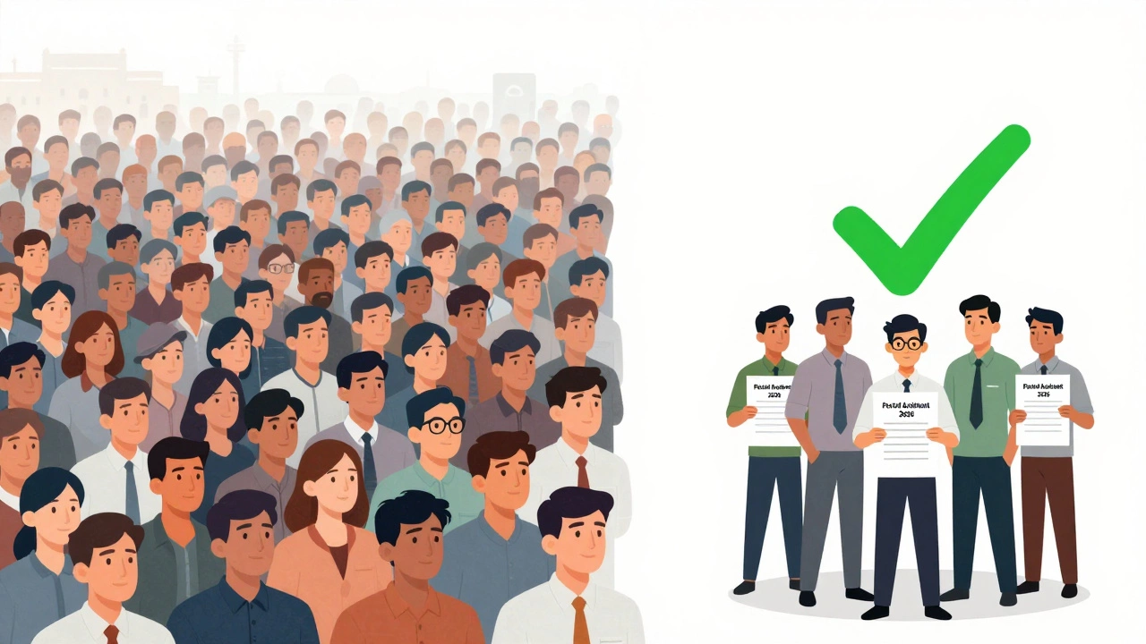 Small group of applicants with Postal Assistant forms against a blurred crowd of millions.