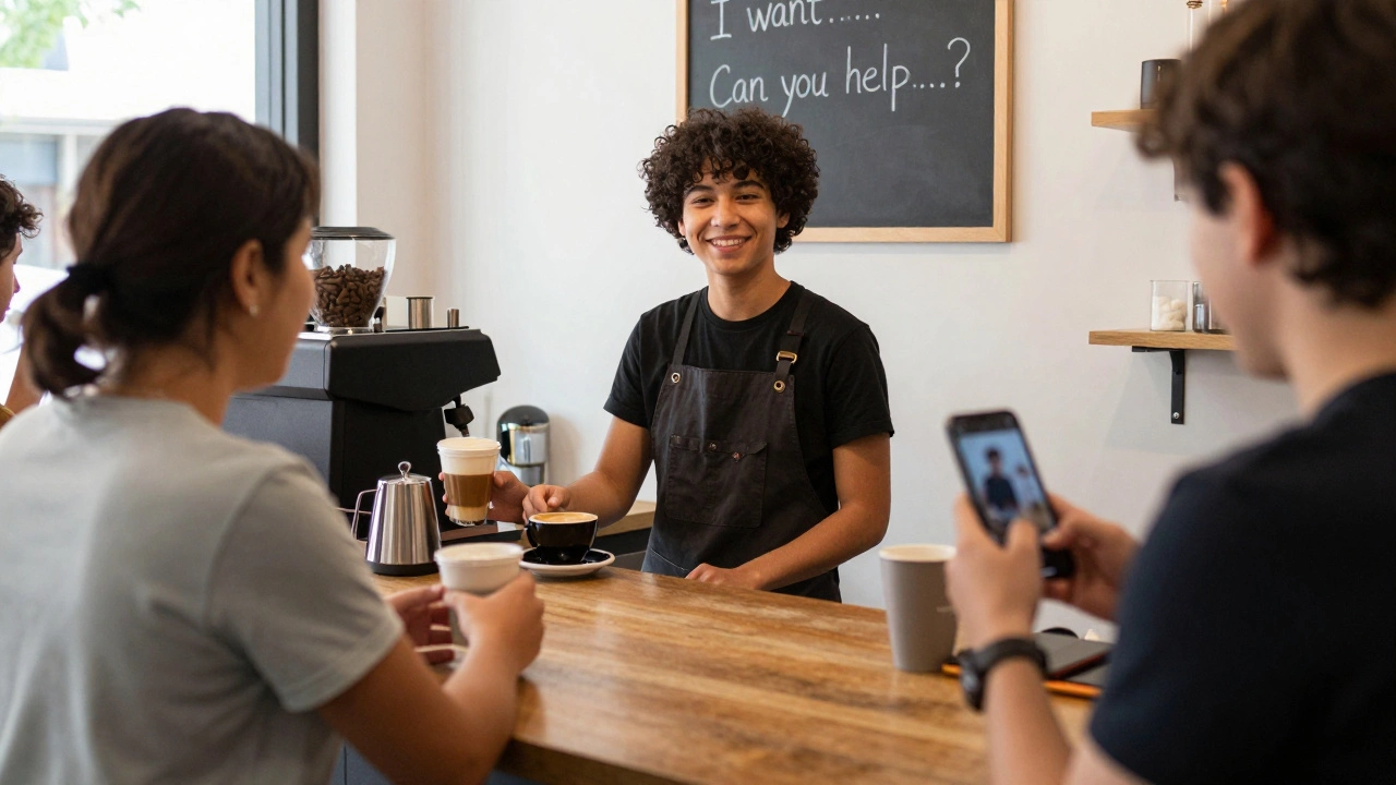 Someone ordering coffee in a café while another records themselves, with warm, casual surroundings.
