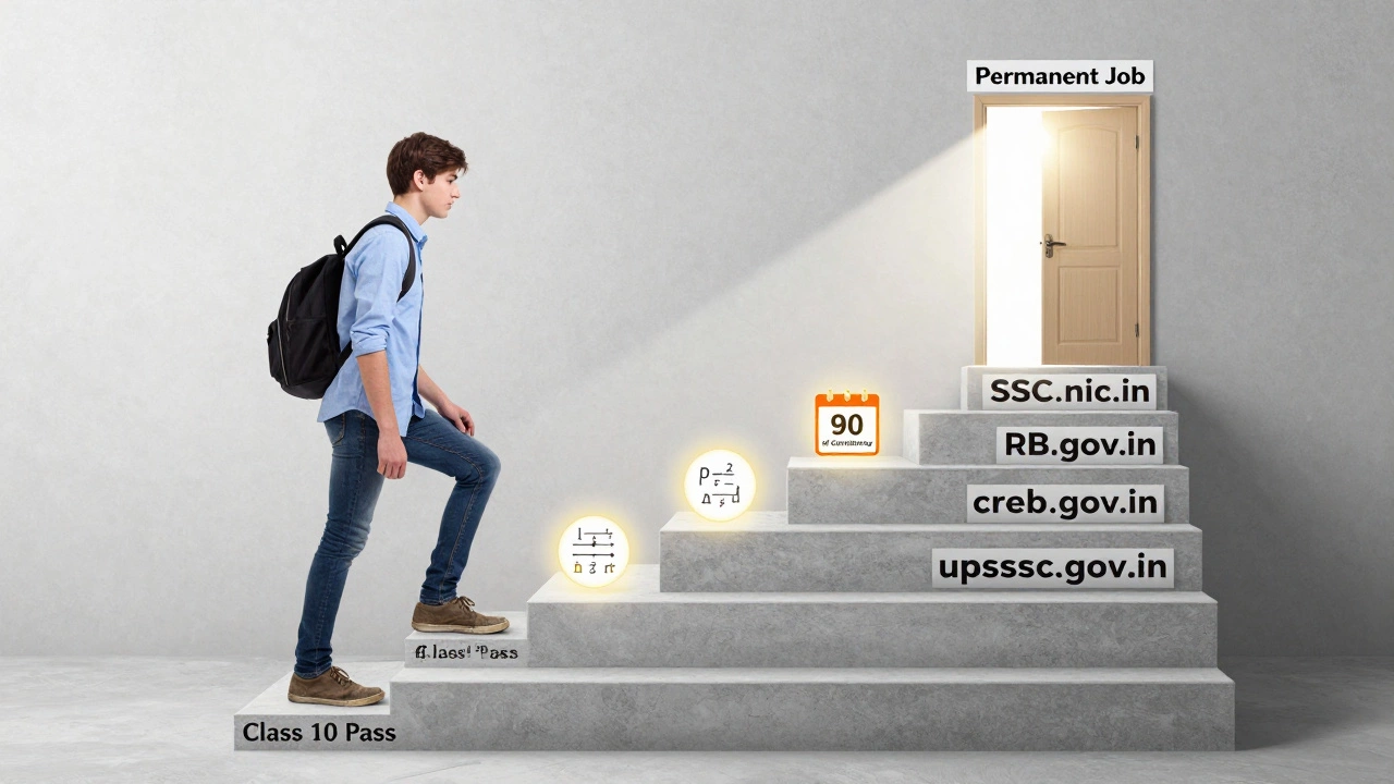 Staircase of government websites leading upward to a door labeled 'Permanent Job'.