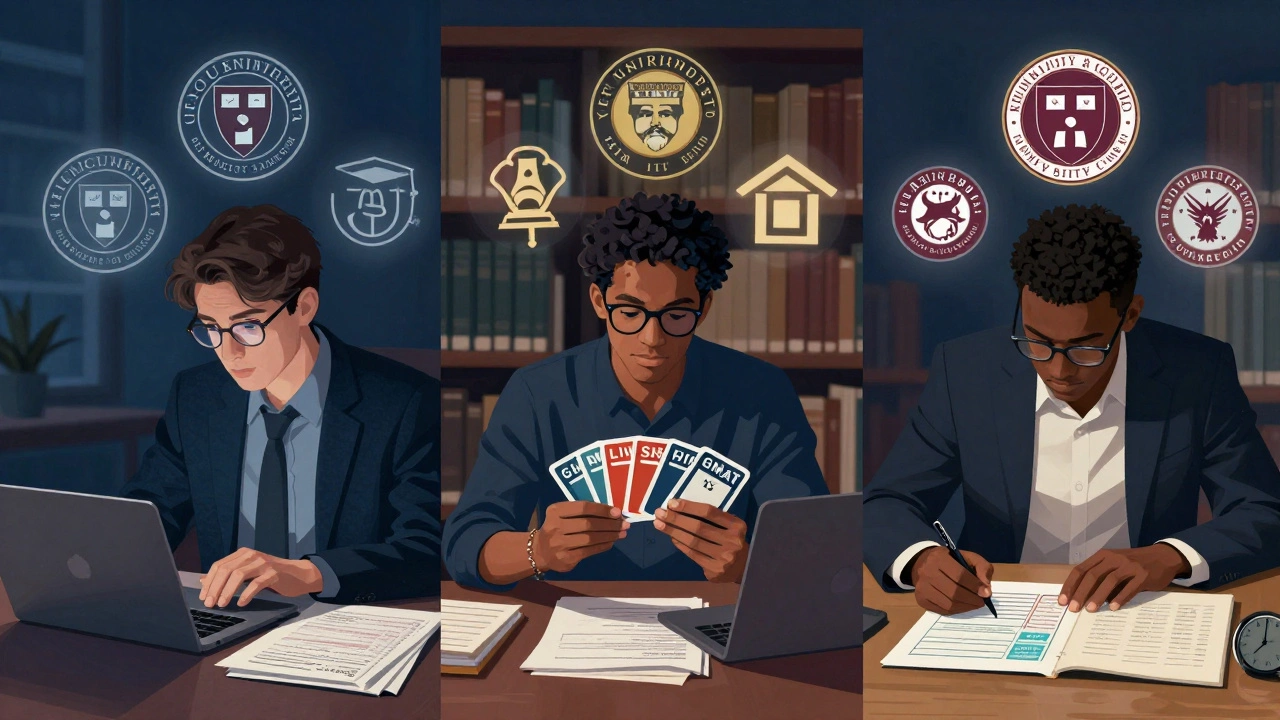 Three applicants studying for GRE, GMAT, and LSAT with university logos in the background.