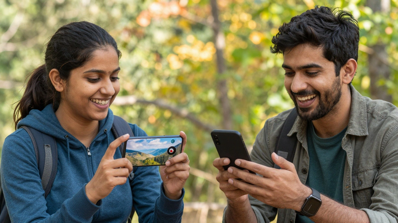 Two people from India and Canada chatting on Speaky while discussing hiking, laughing in natural light.