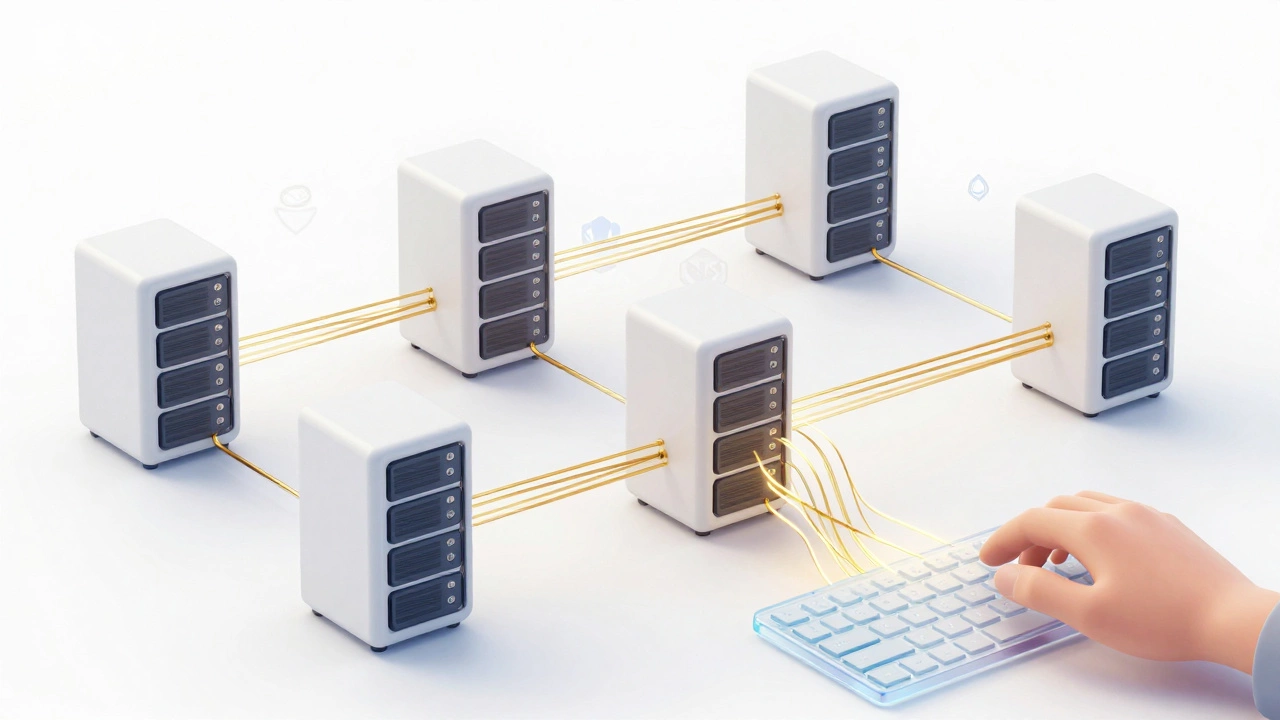 A clean data center with Go microservices connected by golden threads of concurrent code.