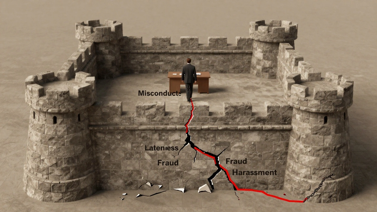 A crumbling stone fortress symbolizing government job security with chains of misconduct breaking away.
