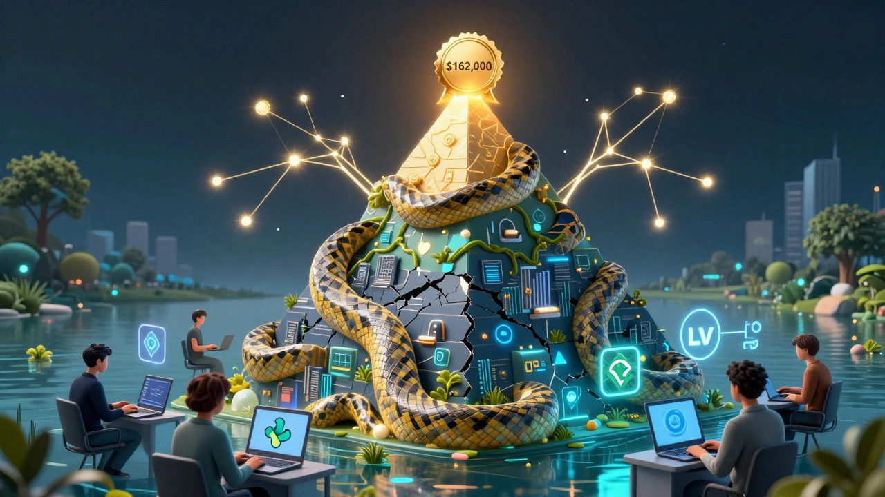 A Python pyramid rising from data, with AI networks and developers working at its base.