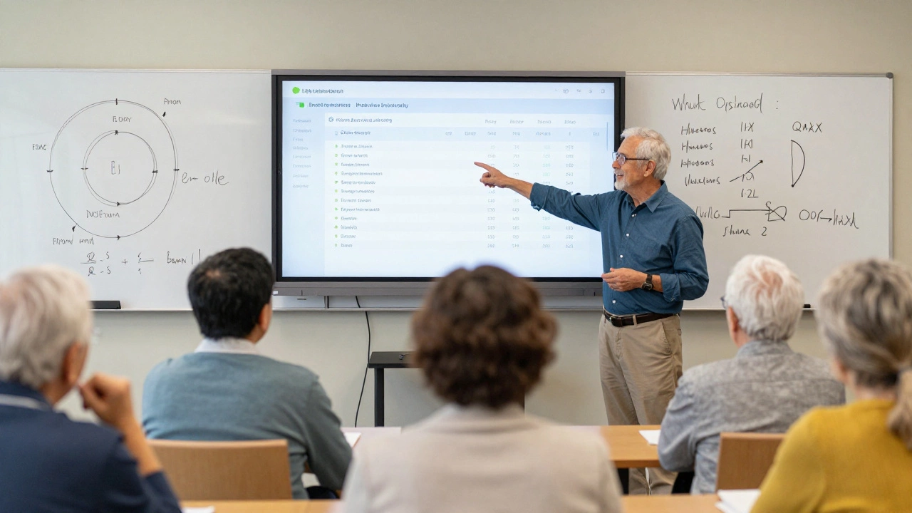 An older adult teaching seniors how to use Python for community data analysis in a library.