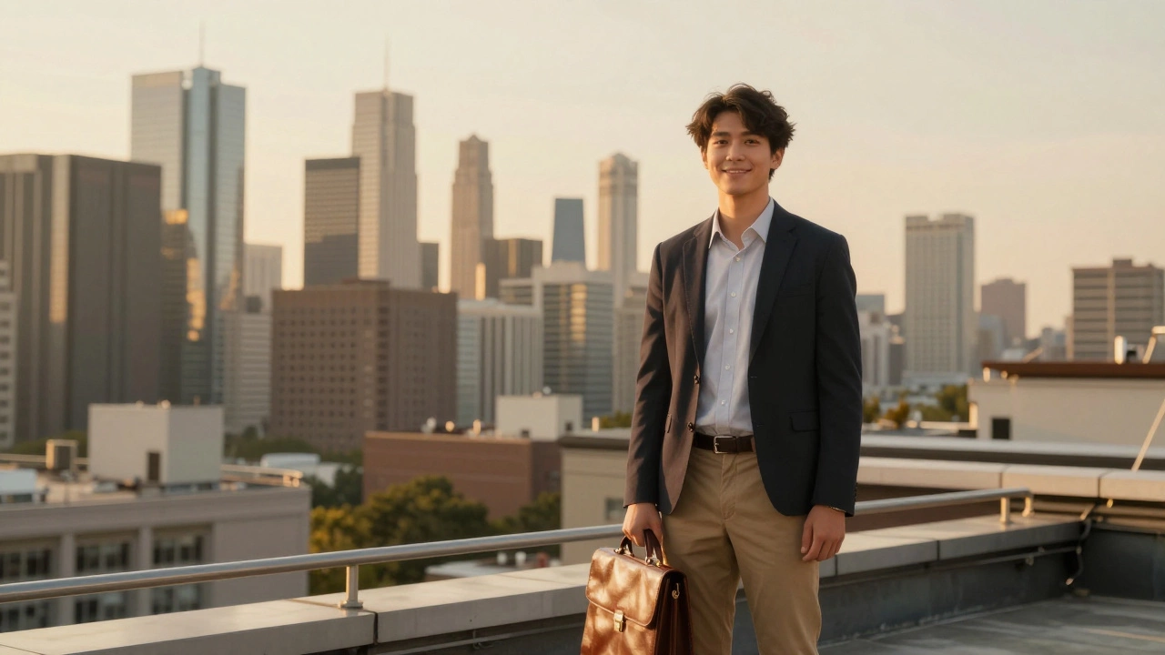 Confident professional holding briefcase overlooking city skyline.